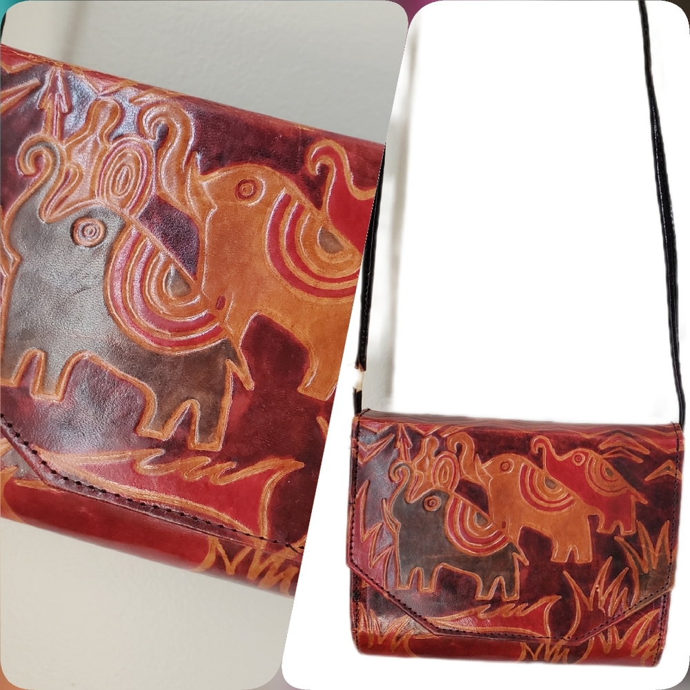 Vintage 90s Leather Elephant Crossbody Purse Embossed Shantiniketan Safari